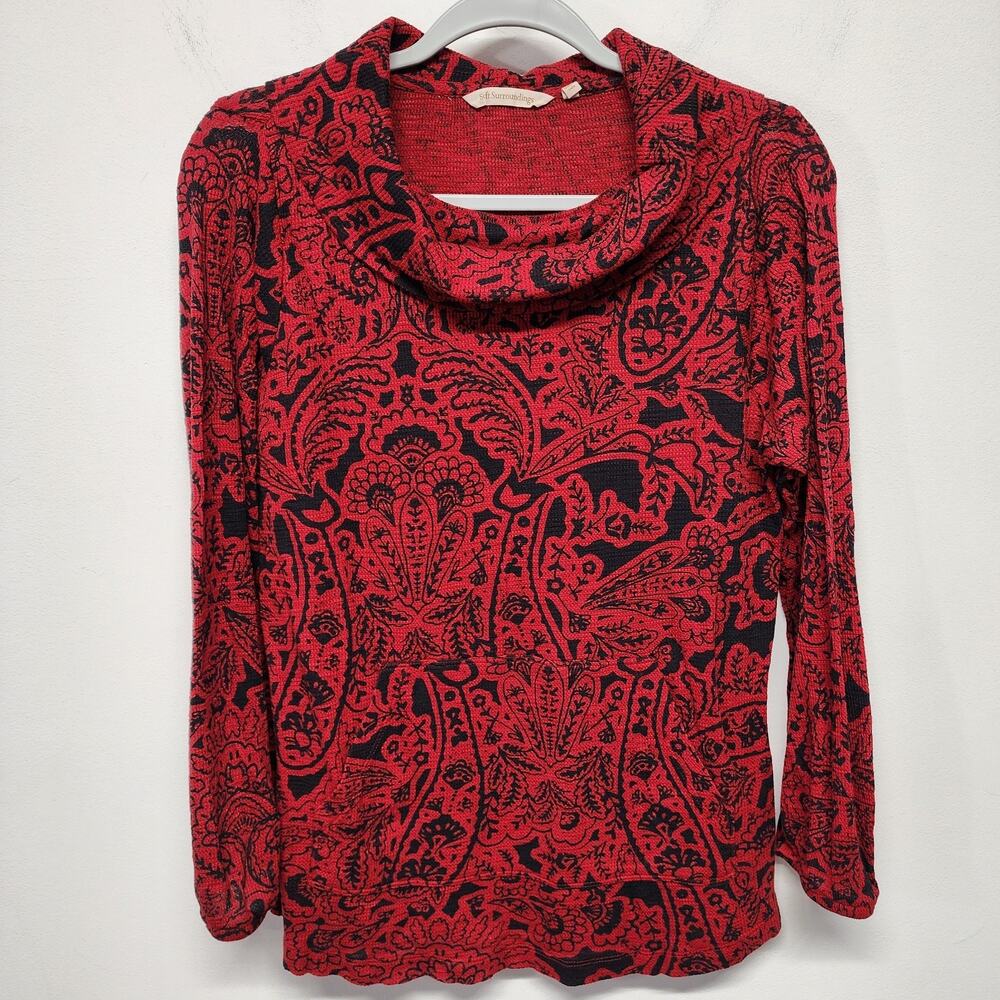 Soft Surroundings Womens Kendra Waffle Paisley Top Size S Red Black Cowl Neck